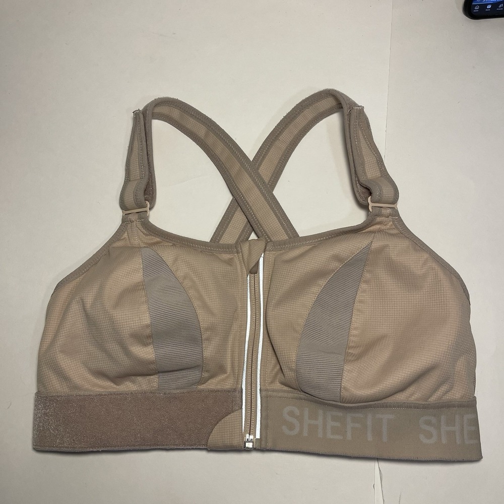 Shefit Sports Bra Womens 1Luxe Tan Zip Front High Support Adjustable Straps